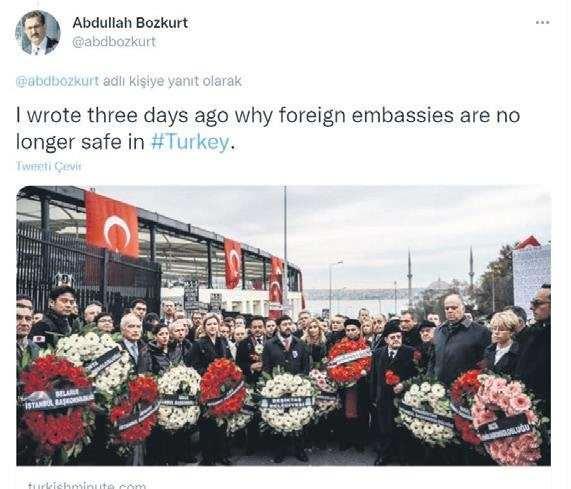 <p>KARLOV SUİKASTI ÖNCESİ "ELÇİLİKLER GÜVENDE DEĞİL" MESAJI ATMIŞTI</p>
<p>Bozkurt, suikasttan 3 gün önce Twitter'dan "Türkiye'de artık elçilikler güvende değil" şeklinde paylaşım yaptı. Suikasttan hemen sonra ise FETÖ'nün suikasttaki rolünü örtbas etmek için manipülasyon çalışmaları yürüttü.</p>