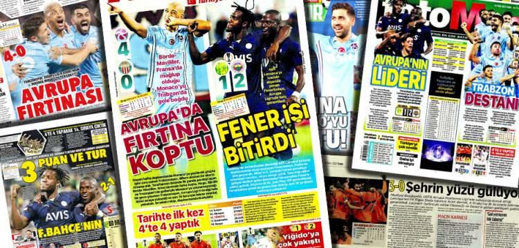 <p>Trabzonspor, Fenerbahçe, Sivasspor ve Başakşehir'in Avrupa kupalarında 4'te 4 yapmasının ardından temsilcilerimizin zafer gecesi gazete manşetlerine böyle yansıdı.</p>
