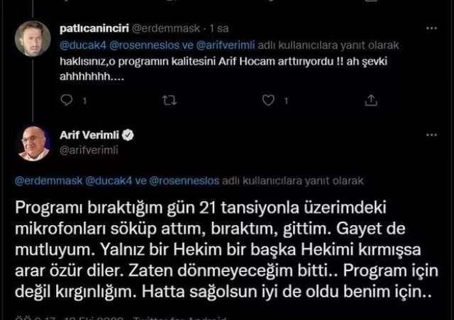 <p><span style="color:#B22222"><strong>Verimli, "Programı bıraktığım gün 21 tansiyonla üzerimdeki mikrofonları söküp attım, bıraktım, gittim. Gayet de mutluyum. Yalnız bir hekim bir başka hekimi kırmışsa arar, özür diler. Zaten dönmeyeceğim bitti. Program için değil kırgınlığım. Hatta sağ olsun iyi de oldu benim için" dedi.</strong></span></p>