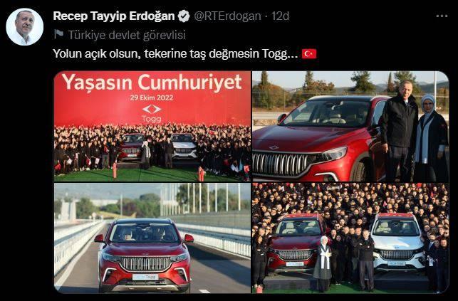 <p>YOLUN AÇIK OLSUN, TEKERINE TAŞ DEĞMESIN TOGG...</p>
<p>Erdoğan test sonrasy yaptığı paylaşımda "Yolun açık olsun, tekerine taş değmesin Togg..." ifadelerini kullandı.</p>