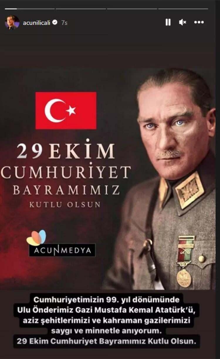 <p><span style="color:#B22222"><strong>ACUN ILICALI</strong></span></p>

<p><span style="color:#800080"><strong>"Cumhuriyetimizin 99'uncu yıl dönümünde Ulu önder Gazi Mustafa Kemal Atatürk'ü, aziz şehitlerimizi ve kahraman gazilerimizi saygı ve minnetle anıyorum. 29 Ekim Cumhuriyet bayramımız kutlu olsun."</strong></span></p>
