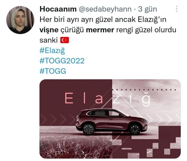 <p>Ayrıca, çok sayıda Elazığlı vatandaş da sosyal medya hesaplarından paylaştıkları 'Vişne Çürüğü’ renginde TOGG'un olmasını istedi.</p>
