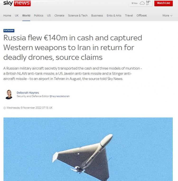 <p>Sky News'e konuşan çok gizli bir kaynak, ABD ve İngiltere tarafından Ukrayna'ya yollanan NLAW, Javelin tanksavar füzeleri ve Stinger uçaksavar füzesinin Rusya tarafından ele geçirilerek nakit 140 milyon avro ile birlikte İran'a taşındığı iddiasını ortaya attı. </p>
