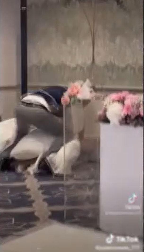 <p><span style="color:#000000"><strong>Bu sırada yere düşen kadının üzerine çıkan damat, kadının duvara çarpmasını görmezden geldi.</strong></span></p>

