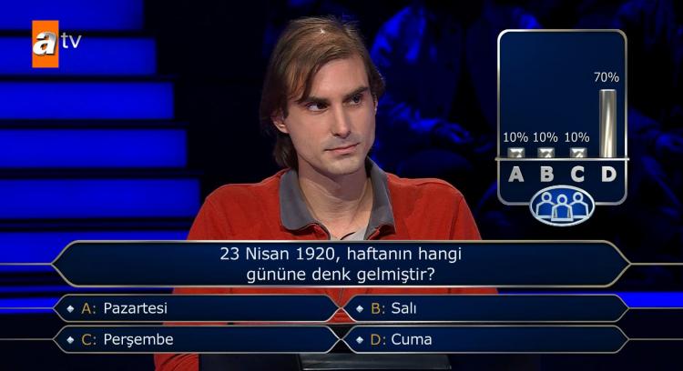 <p><span style="color:#000000"><strong>A- Pazartesi, B- Salı, C- Perşembe ve D- Cuma seçenekleri arasında kararsız kalan yarışmacı seyirci joker hakkını kullandı. </strong></span></p>
