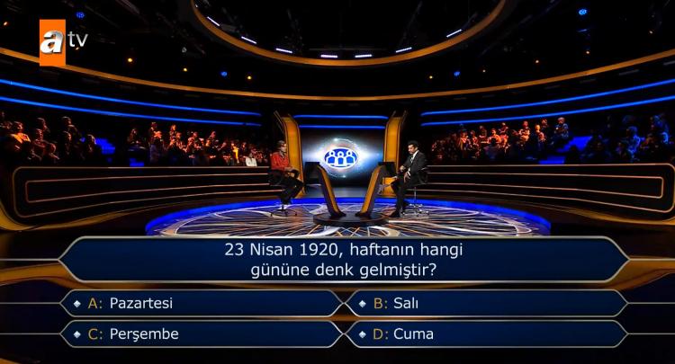 <p><span style="color:#000000"><strong>200.000 Bin TL değerindeki 10. soruya ulaşmayı başaran yarışmacı "23 Nisan 1920, haftanın hangi gününe denk gelmiştir?" sorusu karşısında büyük bir şaşkınlık yaşadı.</strong></span></p>
