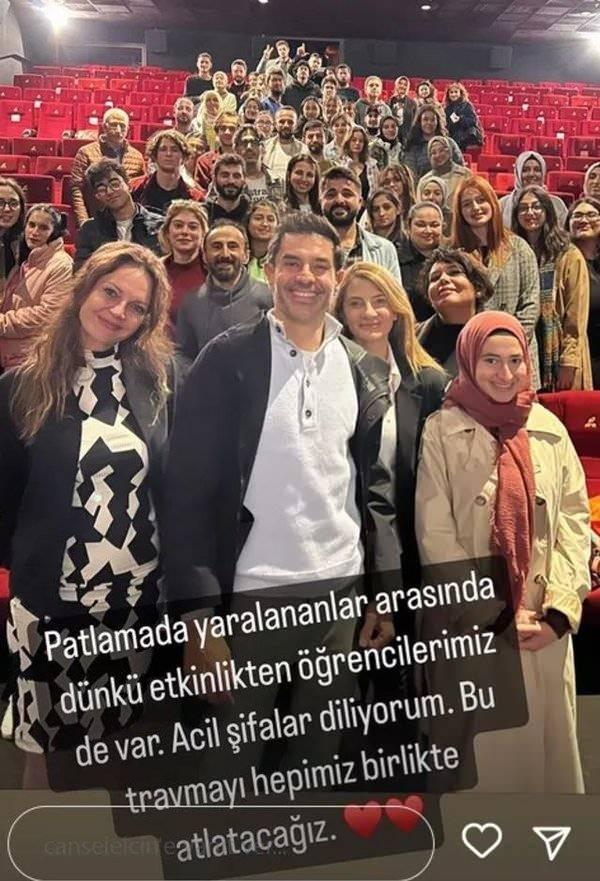 <p><span style="color:rgb(0, 0, 0)"><strong>Kıl payı kurtulduğunu belirten Cansel Elçin, patlamadan hemen sonra yaptığı paylaşımda olay yerine çok yakın olduğunu dile getirerek, "İstiklal'de hemen yanımızda büyük bir patlama oldu. Ben iyiyim, umarım can kaybı yoktur" dedi. Öte yandan Cansel Elçin, Taksim'deki patlamada yaralanan vatandaşlar arasında öğrencilerinin olduğunu da söyledi.</strong></span></p>
<p> </p>