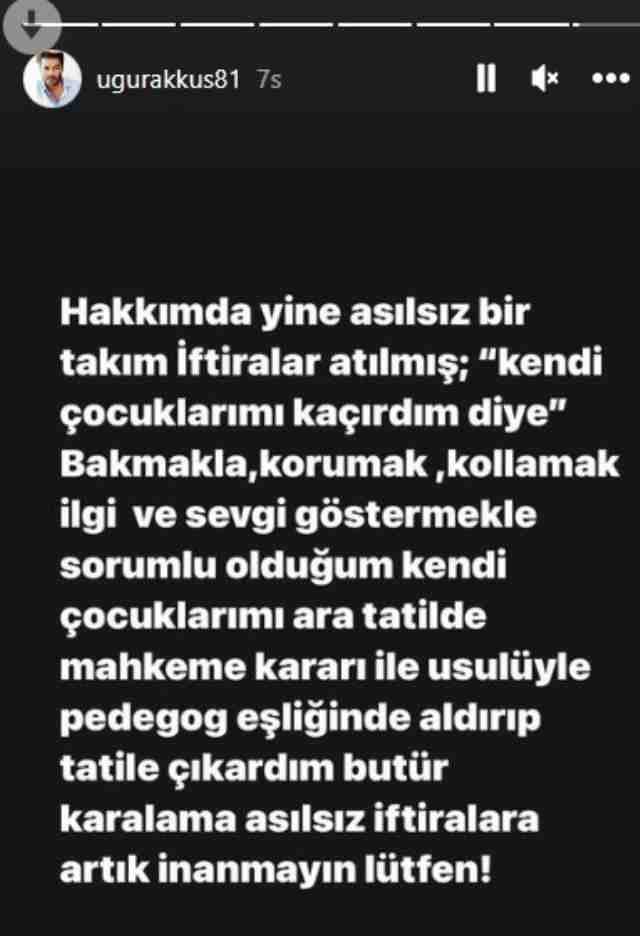 <p><span style="color:#000000"><strong>Yaşananların ardından sessizliğini bozan Akkuş ise eski eşine ateş püskürdü. İddiaların yalan olduğunu söyleyerek kendini savunan Akkuş "Hakkımda yine asılsız bir iftiralar atılmış; kendi çocuklarımı kaçırdım diye... Bakmakla, korumak, kollamak, ilgi ve sevgi göstermekle sorumlu olduğum kendi çocuklarımı ara tatilde mahkeme kararı ile usulüyle pedagog eşliğinde aldırıp tatile çıkardım. Bu tür karalama asılsız iftiralara artık inanmayın lütfen" dedi. </strong></span></p>
