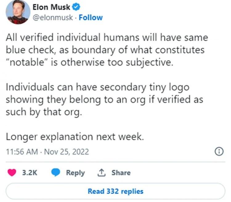 <p><strong>"Neyin 'kayda değer' olduğuna karar vermek çok öznel olacağından, doğrulanan tüm bireysel  hesaplarda aynı mavi onay işareti olacaktır. Bireyler, bir kuruluş tarafından doğrulanırsa, okuruluşa ait olduklarını gösteren ikincil küçük bir logoya sahip olabilirler. Daha uzun açıklama haftaya gelecek."</strong></p>

<p> </p>
