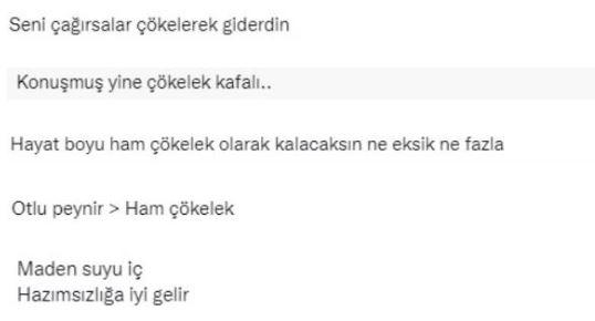 <p><span style="color:#000000"><strong>Taş'ın kıskandığını savunan bazı sosyal medya kullanıcıları "Hayat boyu ham çökelek olarak kalacaksın ne eksik ne fazla", "Seni çağırsalar çökelerek giderdin" ve "Maden suyu iç bunun üzerine" şeklinde yorumlarda bulundu. </strong></span></p>
