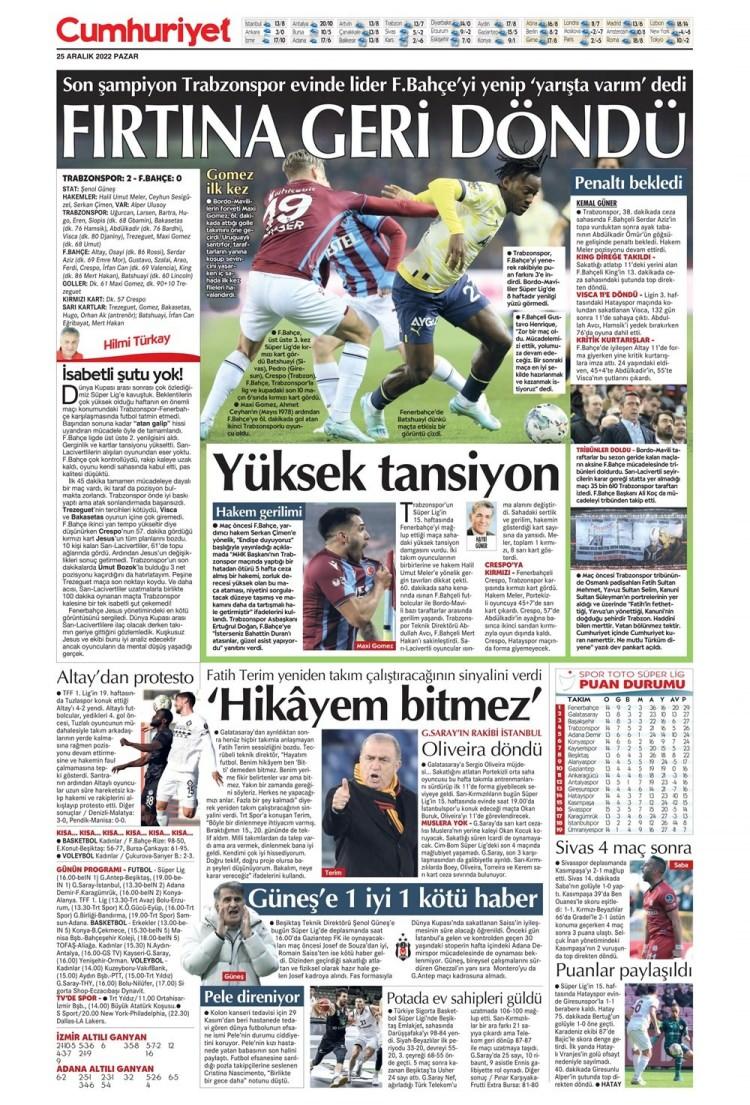 <p>Süper Lig'in 15. haftasında Trabzonspor, Fenerbahçe'yi 2-0 mağlup etti. Fırtına'nın zaferi gazete manşetlerinde geniş yer tuttu.</p>
