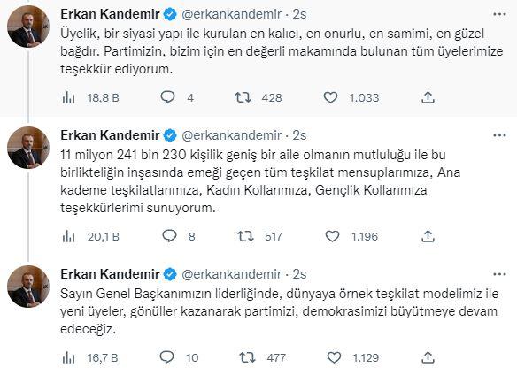 <p>Üyelik, bir siyasi yapı ile kurulan en kalıcı, en onurlu, en samimi, en güzel bağdır. Partimizin, bizim için en değerli makamında bulunan tüm üyelerimize teşekkür ediyorum.</p>

<p>11 milyon 241 bin 230 kişilik geniş bir aile olmanın mutluluğu ile bu birlikteliğin inşasında emeği geçen tüm teşkilat mensuplarımıza, Ana kademe teşkilatlarımıza, Kadın Kollarımıza, Gençlik Kollarımıza teşekkürlerimi sunuyorum.</p>

<p>Sayın Genel Başkanımızın liderliğinde, dünyaya örnek teşkilat modelimiz ile yeni üyeler, gönüller kazanarak partimizi, demokrasimizi büyütmeye devam edeceğiz.</p>
