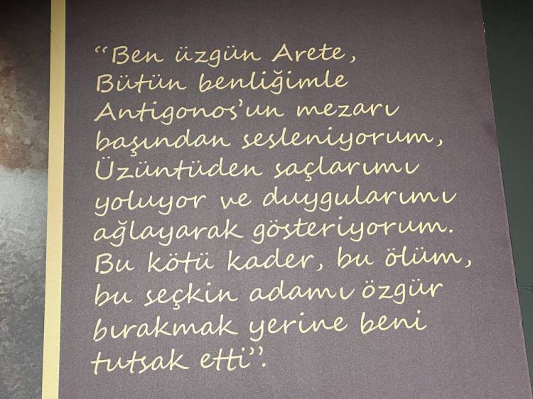 <p><strong>“Ben üzgün Arete, bütün benliğimle Antigonos’un mezarı başından sesleniyorum. Üzüntüden saçlarımı yoluyor ve duygularımı ağlayarak gösteriyorum. Bu kötü talih, bu ölüm bu seçkin adamı özgür bırakmak yerine beni tutsak etti.” </strong></p>
