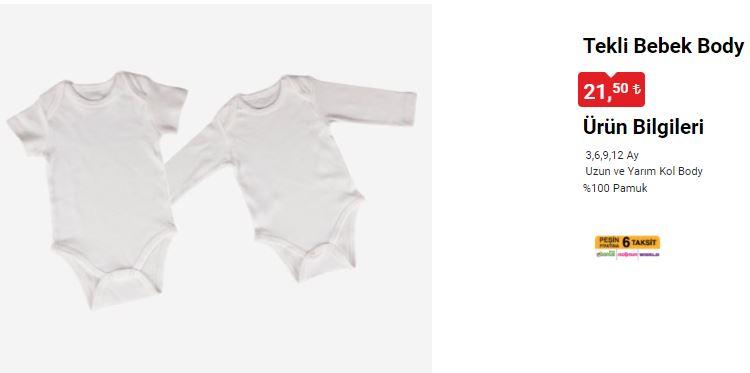 <p>Katlanabilir Su Kovası 75 TL</p>

<p>Katlanabilir Çamaşır Selesi 129 TL</p>

<p>Nakışlı Bebek Yeleği 42,50 TL</p>

<p>Tekli Bebek Body 21,50 TL</p>
