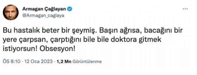 <p><span style="color:#B22222"><strong>"BU HASTALIK BETER ŞEYMİŞ"</strong></span></p>

<p><strong>Yaptığı paylaşımla sevenlerini üzen Armağan Çağlayan, <span style="color:#B22222">"Bu hastalık beter bir şeymiş. Başın ağrısa, bacağın bir yere çarpsa, çarptığını bile bile doktora gitmek istiyorsun. Obsesyon!"</span> diyerek korkularını dile getirdi.</strong></p>
