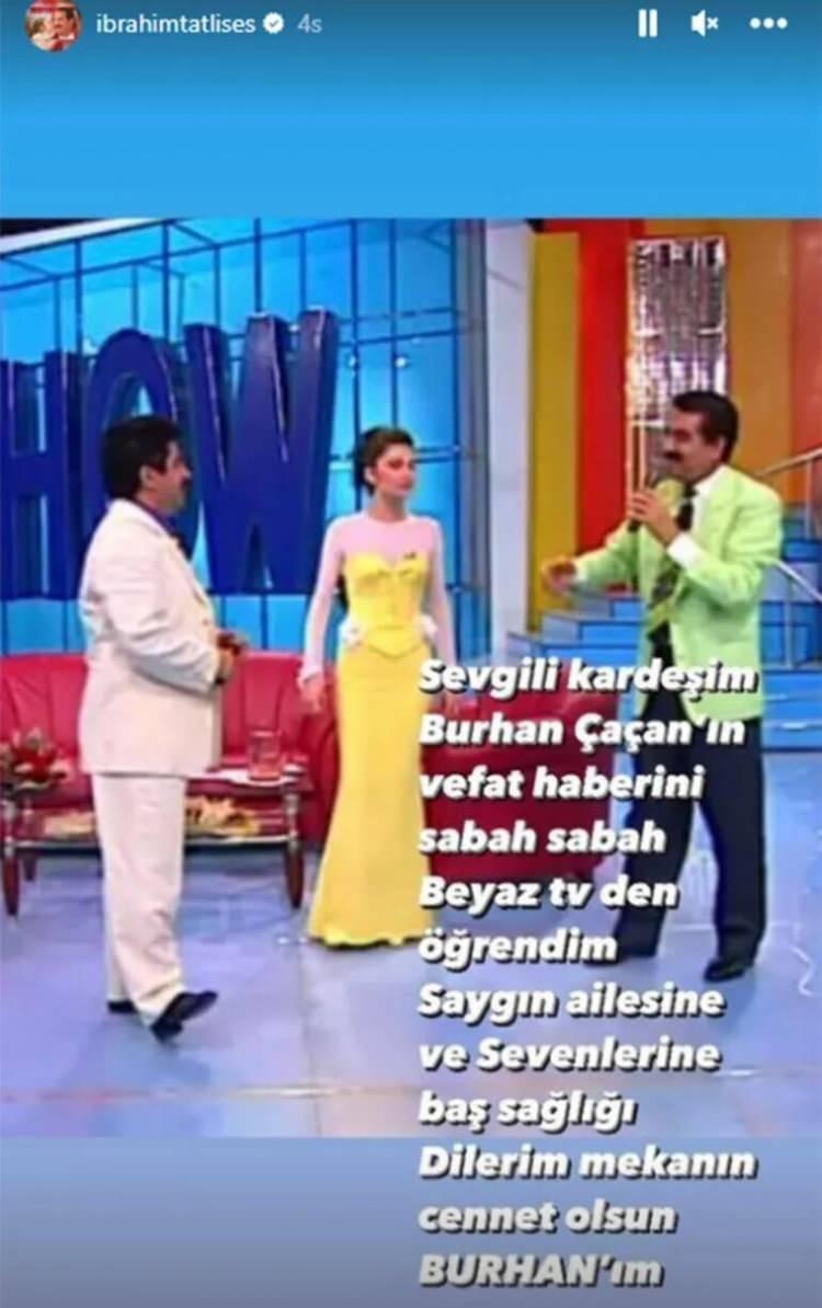 <p><span style="color:#000000"><strong>Oğulları Kutsal ve Furkan &Ccedil;a&ccedil;an'ın kimi zaman tabut başında g&ouml;zyaşlarını tutamadığı t&ouml;rende duygusal anlar yaşanırken İbrahim Tatlıses de sosyal medya hesabından paylaşımda bulunarak "Sevgili kardeşim Burhan &Ccedil;a&ccedil;an'ın vefat haberini sabah TV'den &ouml;ğrendim. Saygın ailesine ve sevenlerine baş sağlığı dilerim. Mekanın cennet olsun Burhan'ım" ifadelerini kullandı.&nbsp;</strong></span></p>
