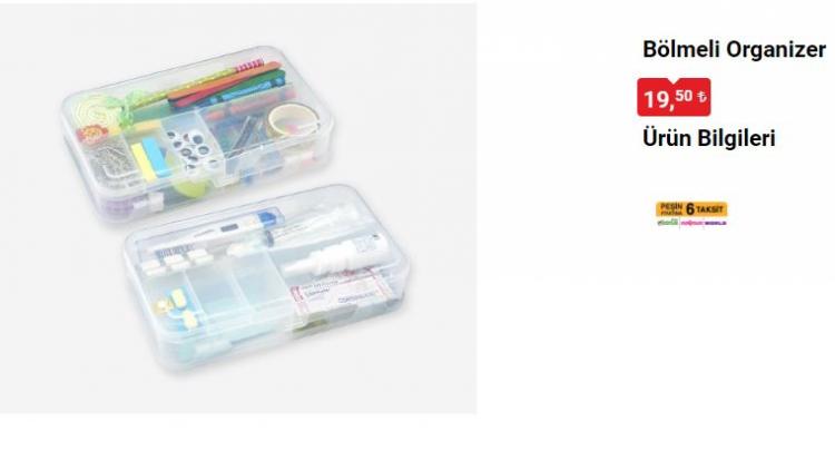 <p>Dikdörtgen Saklama Kabı 2300 cc 34,50 TL</p>

<p>Dikdörtgen Saklama Kabı 4000 cc 45 TL</p>

<p>Saklama Kabı 4'lü 14,50 TL</p>

<p>Bölmeli Organizer 19,50 TL</p>
