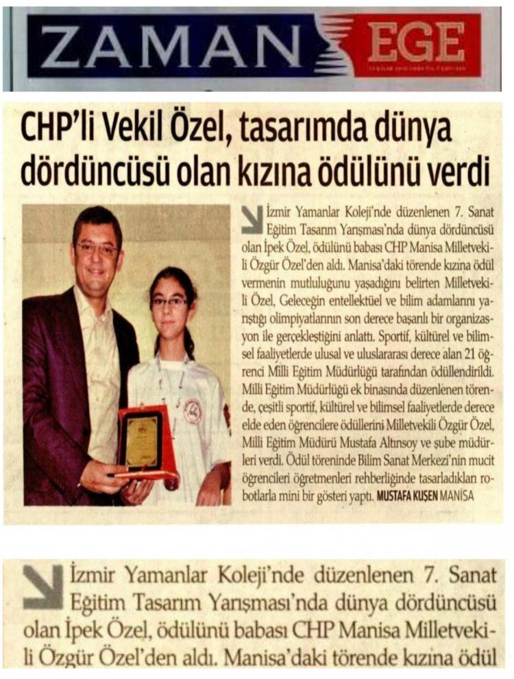 <p>Edinilen bilgilere Özgür Özel, 18 Haziran 2013’te Zaman Ege gazetesinde kızı İpek’e verilen ödül üzerinden haber konusu yapıldı. Zaman gazetesindeki “<strong>CHP’li Vekil Özel, tasarımda dünya dördüncüsü olan kızına ödül verdi</strong>” başlıklı haberde Özel’in, “<strong>Geleceğin entelektüel ve bilim adamlarının yarıştığı olimpiyatlarının son derece başarılı bir organizasyon ile gerçekleştirildiğini anlattığı</strong>” ifade ediliyor.</p>
