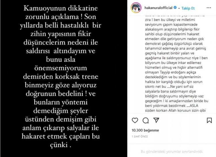 <p><span style="color:#8B4513"><strong>Sosyal medya hesabından açıklama yapan Ural,</strong></span><span style="color:#000080"><strong> ''Genel olarak asla malum zihniyete cevap vermem ama 'Tayyip beyin kurduğu ülke' söylemi adı altında planlı bir lince uğruyorum. Ben asla böyle bir şey demedim akla bilince aykırı bu söylem akılla izzah edilemez. Dava açacağım.''</strong></span><span style="color:#8B4513"><strong> ifadelerini kullandı.</strong></span></p>