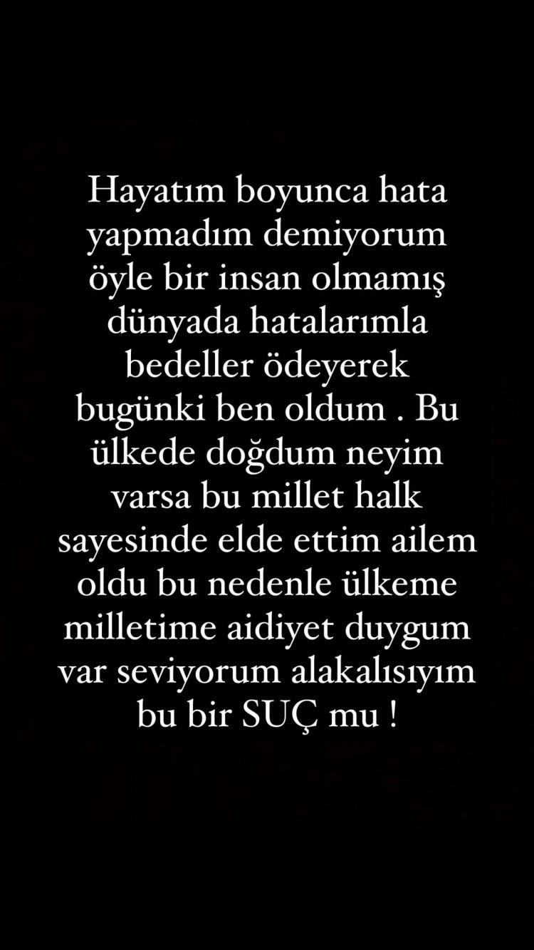 <p><span style="color:#800000"><strong>"ÜLKEMİ SEVİYORUM BU BİR SUÇ MU?"</strong></span></p>

<p><span style="color:#008080"><strong>"Hayatım boyunca hata yapmadım demiyorum. Dünyada hatalarımla bedeller ödeyerek bugünkü ben oldum. Bu ülkede doğdum neyim varsa, bu millet ve halk sayesinde elde ettim. Ailem oldu bu nedenle. Ülkeme, millteime aidiyet duygum var. Seviyorum alakalısıyım bu bir SUÇ mu?" </strong></span><a href="https://www.yasemin.com/"><span style="color:#FFFFFF"><strong>(Yasemin.com)</strong></span></a></p>
