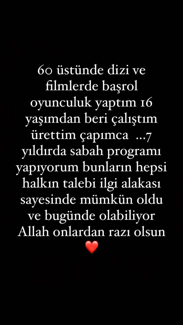 <p><span style="color:#008080"><strong>"60 üstünde dizi ve filmlerde başrol oyunculuğu yaptım. 16 yaşımdan beri çalıştım ürettim kendi çapımda... 7 yıldır da sabah programı yapıyorum. Bunların hepsi halkın talebi ilgi alakası sayesinde mümkün oldu. Ve bugün de olabiliyor Allah onlardan razı olsun..." </strong></span><a href="https://www.yasemin.com/"><span style="color:#FFFFFF"><strong>(Yasemin.com)</strong></span></a></p>