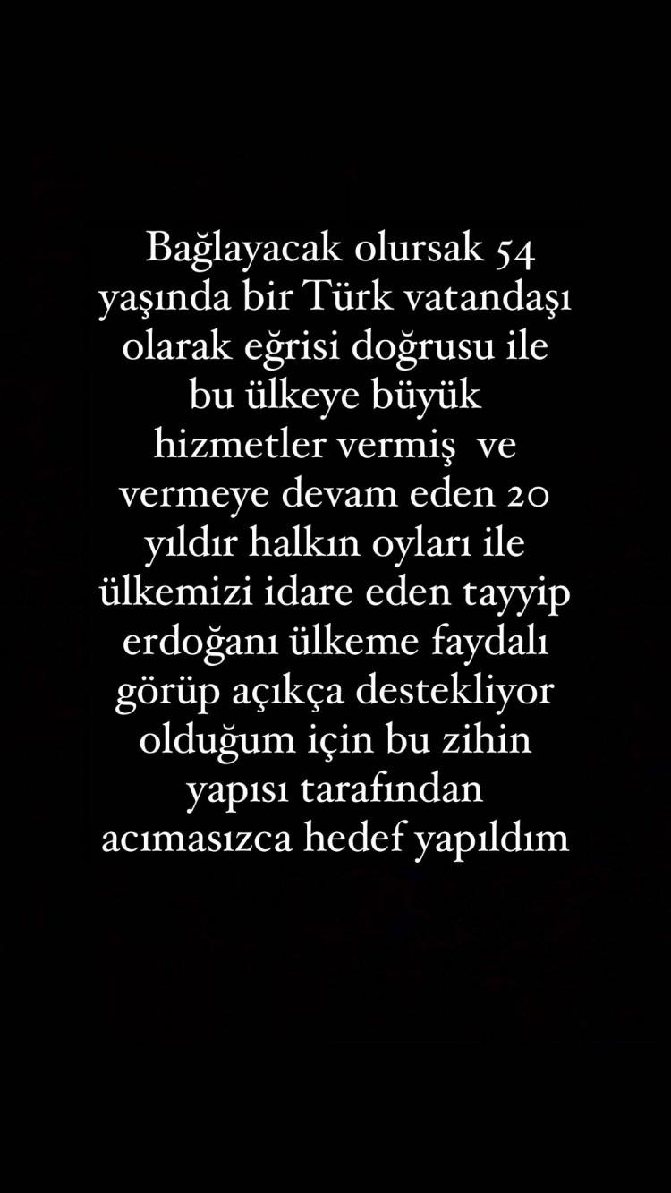 <p><span style="color:#800000"><strong>"RECEP TAYYİP ERDOĞAN'I DESTEKLEDİĞİM İÇİN HEDEF HALİNE GELDİM"</strong></span></p>
<p><span style="color:#008080"><strong>"Bağlayacak olursak 54 yaşında bir Türk vatandaşı olarak eğrisi doğrusu ile bu ülkeye büyük hizmetler vermiş ve vermeye devam eden 20 yıldır halkın oyları ile ülkemizi idare eden Recep Tayyip Erdoğan'ı ülkeme faydalı görüp açıkça destekliyor olduğum için bu zihin yapısı tarafından acımasızca hedef yapıldım." </strong></span><a href="https://www.yasemin.com/"><span style="color:#FFFFFF"><strong>(Yasemin.com)</strong></span></a></p>