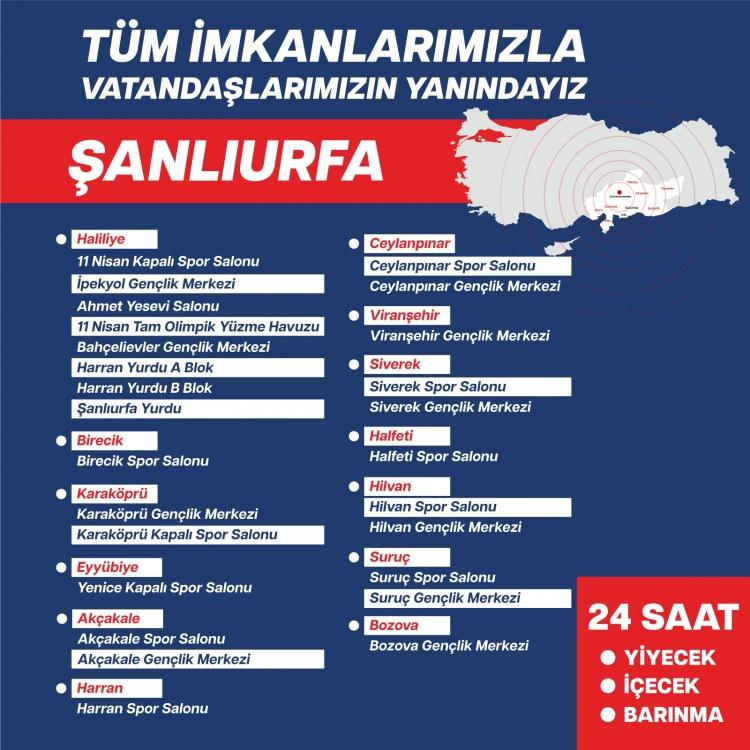 <div>ŞANLIURFA</div>
<div> </div>
<div> </div>
<div> </div>
<div>11 Nisan Kapalı Spor Salonu</div>
<div> </div>
<div>İpekyol Gençlik Merkezi</div>
<div> </div>
<div>Ahmet Yesevi Salonu</div>
<div> </div>
<div>11 Nisan Tam Olimpik Yüzme Havuzu</div>
<div> </div>
<div>Bahçelievler Gençlik Merkezi</div>
<div> </div>
<div>Harran Yurdu A Blok</div>
<div> </div>
<div>Şanlıurfa Yurdu</div>
<div> </div>
<div>Birecik Spor Salonu</div>
<div> </div>
<div>Karaköprü Gençlik Merkezi</div>
<div> </div>
<div>Karaköprü Kapalı Spor Salonu</div>
<div> </div>
<div>Yenice Kapalı Spor Salonu</div>
<div> </div>
<div>Akçakale Spor Salonu</div>
<div> </div>
<div>Akçakale Gençlik Merkezi</div>
<div> </div>
<div>Harran Spor Salonu</div>