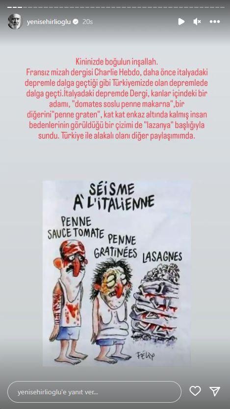 <p><span style="color:#000000"><strong>Kininizde boğulun inşallah. Fransız mizah dergisi Charlie Hedbo, daha önce İtalya'daki depremle dalga geçtiği gibi Türkiyemizde olan depremlerle de dalga geçti. İtalyadaki depremde dergi, kanlar içindeki bir adamı "domates soslu penne makarna", bir diğerini "penne graten", kat kat enkaz altında kalmış insan bedenlerinin görüldüğü bir çizimi de "lazanya" başlığıyla sundu." </strong></span></p>
