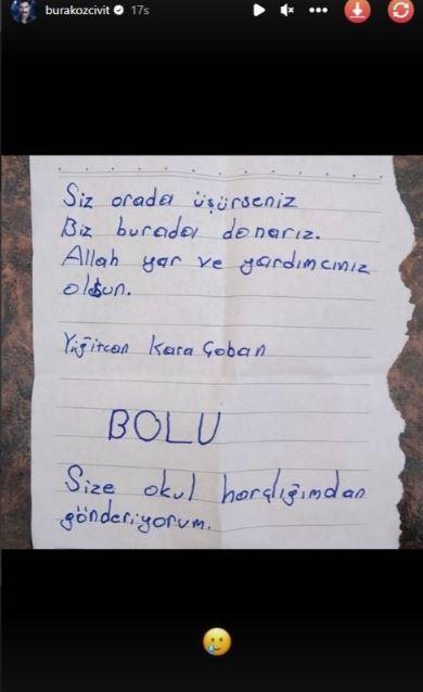 <p><strong>Oyuncunun paylaşımında "Siz orada üşürseniz biz burada donarız. Allah yar ve yardımcınız olsun." notu herkesi duygulandırdı.</strong></p>
