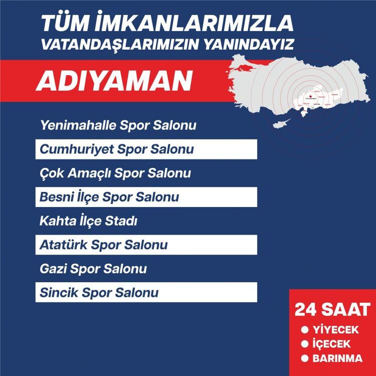 <p>ADIYAMAN</p>

<p> </p>

<p>Yenimahalle Spor Salonu</p>

<p>Cumhuriyet Spor Salonu</p>

<p>Çok Amaçlı Spor Salonu</p>

<p>Besni İlçe Spor Salonu</p>

<p>Kahta İlçe Stadı</p>

<p>Atatürk Spor Salonu</p>

<p>Gazi Spor Salonu</p>

<p>Sincik Spor Salonu</p>
