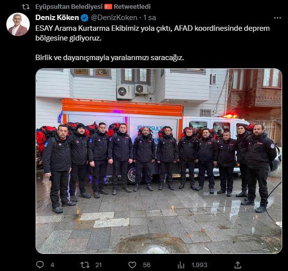 <p><strong>EYÜPSULTAN BELEDİYESİ</strong></p>

<p>Eyüpsultan Belediyesi, 13 personel ve bir araçtan oluşan ESAY (Eyüpsultan Afet Yönetim Birimi) birimini, arama kurtarma çalışmalarına destek olmak için AFAD koordinesinde deprem bölgesine gönderdi. Ayrıca ekiplerle birlikte mobil mutfak da deprem bölgesine doğru yola çıktı.</p>
