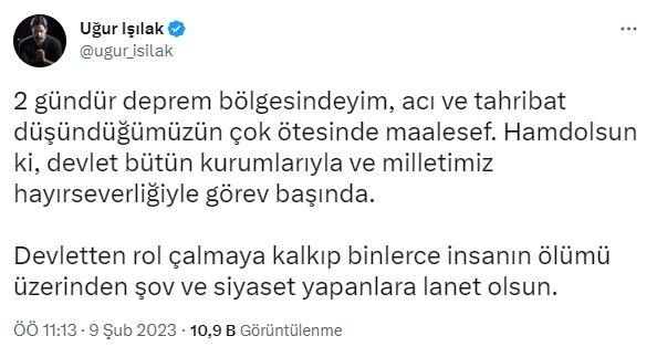 <p><span style="color:#8B4513"><strong>"2 gündür deprem bölgesindeyim, acı ve tahribat düşündüğümüzün çok ötesinde maalesef. Hamdolsun ki, devlet bütün kurumlarıyla ve milletimiz hayırseverliğiyle görev başında. Devletten rol çalmaya kalkıp binlerce insanın ölümü üzerinden şov ve siyaset yapanlara lanet olsun."</strong></span></p>
