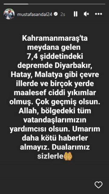 <p><span style="color:#8B4513"><strong>MUSTAFA SANDAL</strong></span></p>
<p><span style="color:#000000"><strong>Kahramanmaraş'ta meydana gelen 7.4 şiddetindeki depremde Diyarbakır, Hatay, Malatya gibi illerde ve birçok yerde maalesef ciddi yıkımlar olmuş. Çok geçmiş olsun. Allah, bölgedeki tüm vatandaşlarımın yardımcısı olsun. Umarım daha kötü haberler almayız. Dualarımız sizlerle. </strong></span><a href="https://www.yasemin.com/"><span style="color:rgb(255, 255, 255)"><strong>(Yasemin.com)</strong></span></a></p>