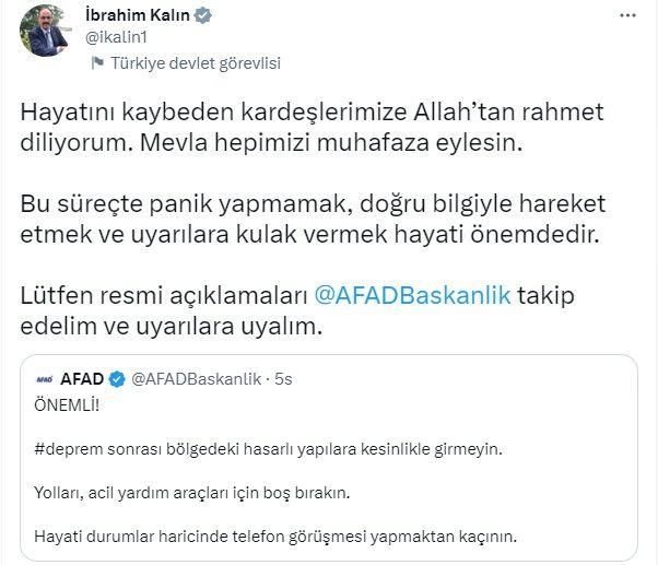 <p><span style="color:#8B4513"><strong>İBRAHİM KALIN</strong></span></p>
<p><strong><span style="color:#000000">Hayatını kaybeden kardeşlerimize Allah'tan rahmet diliyorum. Mevla hepimizi muhafaza eylesin.</span></strong></p>
<p><strong><span style="color:#000000">Bu süreçte panik yapmamak, doğru bilgiyle hareket etmek ve uyarılara kulak vermek hayati önemdedir </span></strong><a href="https://www.yasemin.com/"><span style="color:rgb(255, 255, 255)"><strong>(Yasemin.com)</strong></span></a></p>