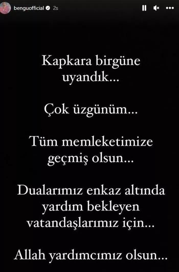 <p><span style="color:#8B4513"><strong>BENGÜ</strong></span></p>
<p><span style="color:#000000"><strong>"Kapkara bir güne uyandık... Çok üzgünüm... Tüm memleketimize geçmiş olsun... Dualarımız, enkaz altında yardım bekleyen vatandaşlarımız için... Allah yardımcımız olsun."</strong></span> <a href="https://www.yasemin.com/"><span style="color:rgb(255, 255, 255)"><strong>(Yasemin.com)</strong></span></a></p>