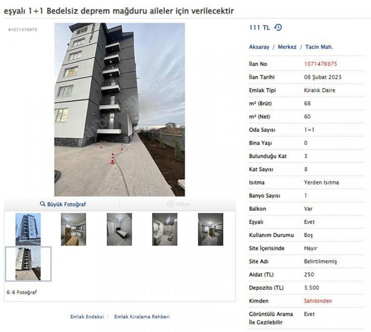 <p>Kiralık ev ilanlarının yayınlandığı birçok internet sitesinde, ev sahipleri 'Kiralık' olan ilanlarını,<strong> 'Depremzedeler için ücretsizdir</strong>' şeklinde değiştirdi.</p>
