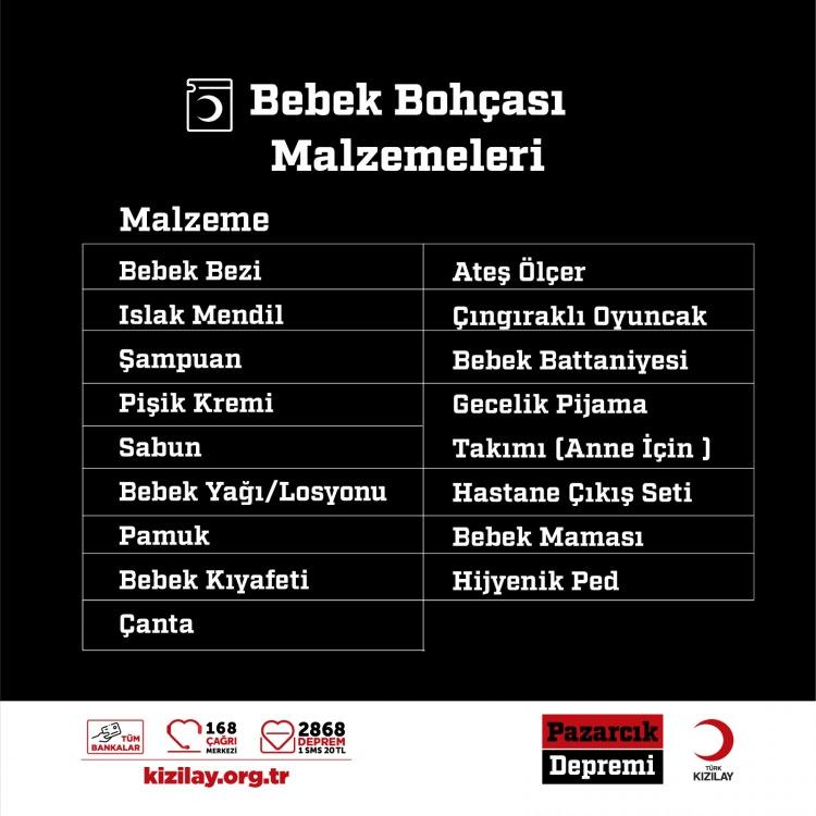 <p>Bebek ve çocukların afetin olumsuz şartlarından etkilenmelerini önlemek amacıyla bebek bezi, mama, biberon, ve oyuncak gibi malzemeler için hayırsever vatandaşlar (firmalar) Kızılay'ın bağış kanallarına yönelebilirler.</p>
<p> </p>