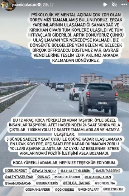 <p><span style="color:#000000"><strong>Atacan aynı zamanda deprem bölgesinde geçirdiği </strong></span><strong>4 günü</strong><span style="color:#000000"><strong> anlattığı bir paylaşımda da bulunmuştu.</strong></span></p>
