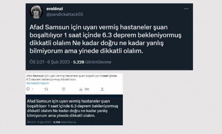 <p>Samsun Valiliği’nden yapılan açıklamada, saat 13:24’te Elbistan merkezli meydana gelen 7,6 büyüklüğündeki depremden Samsun’un da etkilendiği ve şu ana kadar bildirilen herhangi bir olumsuzluğun bulunmadığı belirtildi. Açıklamada vatandaşların, “Samsun’da 1 saat içerisinde deprem olacak” şeklindeki asılsız iddialara itibar etmemeleri ve resmi kaynakların açıklamalarını takip etmeleri çağrısında bulunuldu.</p>