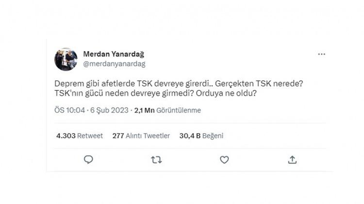 <p><strong>YALANLARINA ASKERİ DE DAHİL ETTİLER</strong></p>
<p>Bizzat CHP'nin fonladığı TELE1 televizyon kanalının sahibi Merdan Yanardağ, deprem bölgesinde askerin görev almadığı yalanını resmi sosyal medya hesabı üzerinden yayınladı.</p>