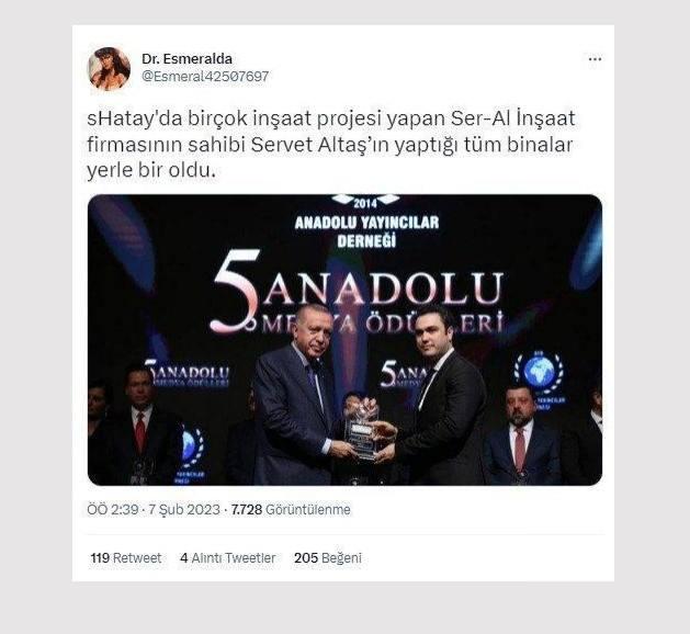 <p>Anadolu Yayıncılar Derneği’nin düzenlediği ödül töreninde Cumhurbaşkanı Erdoğan’ın elinden ödül alan Servet Altaş’ın Hatay’da birçok inşaat projesi olan SerAl inşaat firmasıyla herhangi bir ilişkisinin olmadığı kaydedildi. Altaş, Ordu’da yaşayan, Ordu MÜSİAD başkanlığını yapan ve Hatay’da hiçbir yatırımı olmayan bir iş insanı olduğu, iftiraların kaynağının isim benzerliğinden çıktığı anlaşıldı.</p>