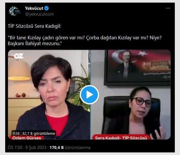 <p><strong>"KIZILAY &Ccedil;ADIRI YOK"</strong></p>

<p>T&uuml;rkiye İş&ccedil;i Partisi S&ouml;zc&uuml;s&uuml; Sera Kadıgil, muhalif gazeteci &Ouml;zlem G&uuml;rses'in yayınında Kızılay'ın deprem b&ouml;lgesinde &ccedil;adırı olmadığını ve Kızılay'ın y&ouml;neticisinin İlahiyat mezunu olduğunu birbirinden farklı iki bağlam &uuml;zerinden ele alarak anlattı.</p>
