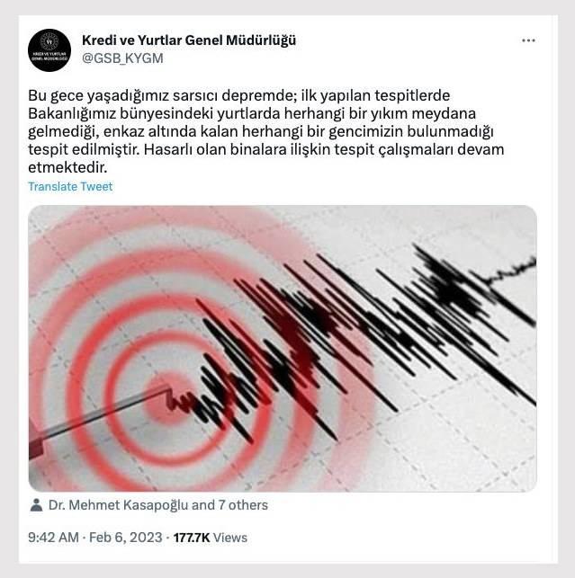 <p>Lakin Gaziantep'te herhangi bir yurt yıkılmadı.&nbsp;Gaziantep Kredi ve Yurtlar Kurumu İl M&uuml;d&uuml;rl&uuml;ğ&uuml;; kentteki &ouml;zel yurtlar dahil hi&ccedil;bir yurdun yıkılmadığını, 15 bin kişi kapasiteli yurtlarda tatil nedeniyle sadece 700 &ouml;ğrenci olduğunu ve onların da ge&ccedil;ici konaklama merkezlerine yerleştirildiğini a&ccedil;ıkladı.</p>
