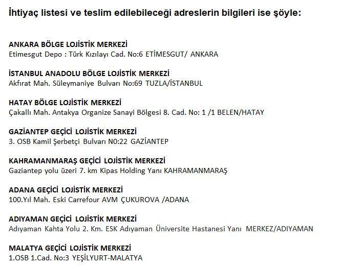 <p>İhtiyaç listesi ve teslim edilebileceği adreslerin bilgileri ise şöyle: </p>
<p> </p>