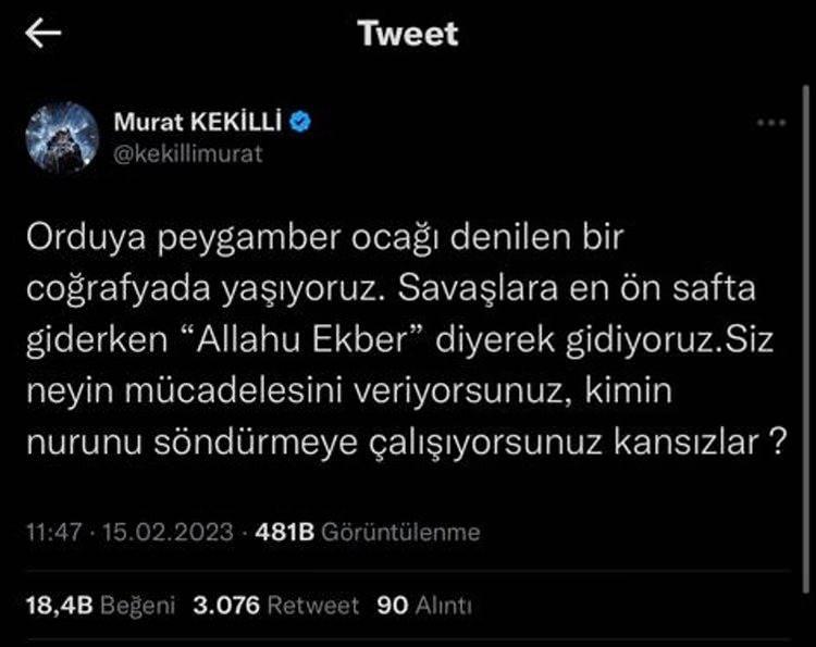 <p><strong><span style="color:#000000">"KÜÇÜK DİLİMİ YUTTUM"</span></strong></p>
<p><strong><span style="color:#000000">Allahu Ekber nidalarını eleştirenleri duyunca adeta küçük dilini yuttuğunu söyleyen Kekilli, "Enkaz altından çıkarılan her vatandaşımız büyük bir mucizedir. Burası Müslüman bir toplum, hayatı kurtulan bir kişinin 'Allah u Ekber' diye tekbir getirmesi gayet normaldir.</span></strong></p>