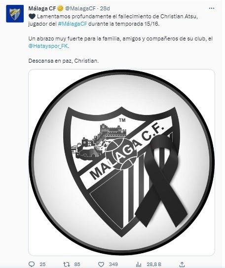 <p>Malaga: "Malaga'da 2015-2016 sezonunda oynayan Christian Atsu'nun hayatını kaybetmesinden dolayı derin üzüntü duyduk. Huzur içinde yat Christian"</p>

