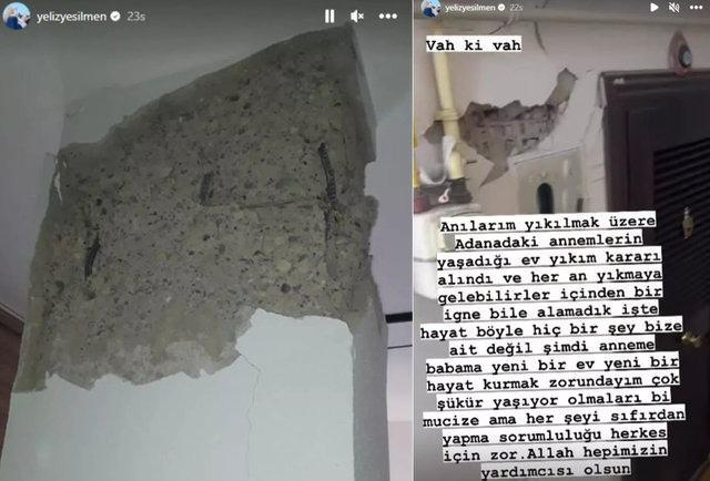 <p><br />
<strong><span style="color:#800000">Yeşilmen, binanın çatlayan duvarlarını gösterdiği anları sosyal medya hesabından yayınladı. Konuyla ilgili konuşan Yeliz Yeşilmen, "Vah ki vah... Anılarım yıkılmak üzere. Adana'daki annemlerin yaşadığı ev yıkım kararı alındı ve her an yıkmaya gelebilirler. İçinden bir iğne bile alamadık. İşte hayat böyle bir şey, bize ait değil. Şimdi anneme ve babama yeni bir hayat kurmak zorundayım. Çok şükür yaşıyor olmaları bir mucize ama her şeyi sıfırdan yapma zorunluluğu herkes için zor. Allah hepimizin yardımcısı olsun" dedi.</span></strong></p>