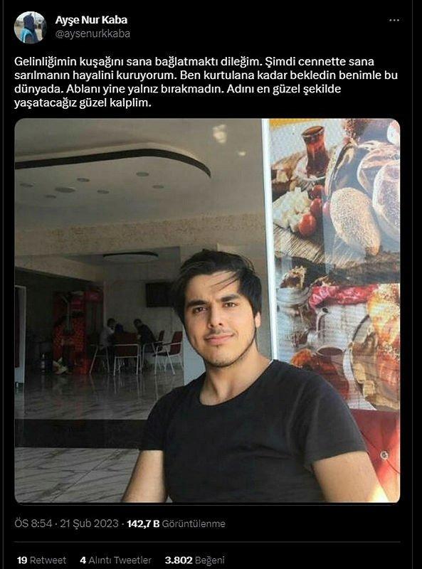 <p><span style="color:#FF0000"><strong>"ŞİMDİ CENNETTE SANA SARILMANIN HAYALİNİ KURUYORUM"</strong></span></p>
<p><span style="color:#000000"><strong>Kardeş acısıyla yıkılan Ayşe Nur Kaba, sosyal medya hesabından kardeşinin fotoğrafını paylaşarak yürekleri dağlayan ifadeler kullandı. Kardeşine "Cennette görüşelim olur mu" diyerek seslenen Kaba, paylaşımına şu notu düştü:</strong></span></p>
<p><span style="color:#000000"><strong>"Kardeşlerimle 65 saat enkazda kaldık. Benden sesimi duyamadıkları için ümidi kesmişlerdi. Erkek kardeşim benim yerimi gösterdi, beni o kurtardı. Canımız vişne suyu çekmişti. Çıktığında da ilk onu istemiş, ben de onu istemiştim.</strong></span></p>