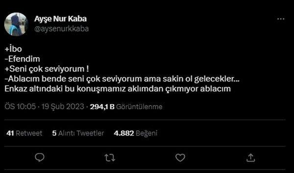 <p><span style="color:#000000"><strong>Kardeşini kaybeden Ayşe Nur Kaba, enkaz altındaki "İbo iyi misin, seni çok seviyorum", "İyiyim ablacım, ben de seni çok seviyorum. Sakin ol gelecekler" konuşmalarını paylaşarak geriye yalnızca bu cümlelerin kaldığını ifade etti.</strong></span></p>