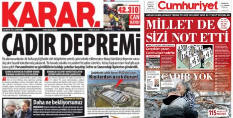<p>Tüm muhalefet gazeteleri bugün 'Çadır yok' manşetleriyle okuyucularına gerçek olmayan bilgileri aktardı. Ancak açıklanan resmi rakamlar tüm muhalefetin 'Çadır yok' algısını yerle bir etti.</p>

<p>​</p>
